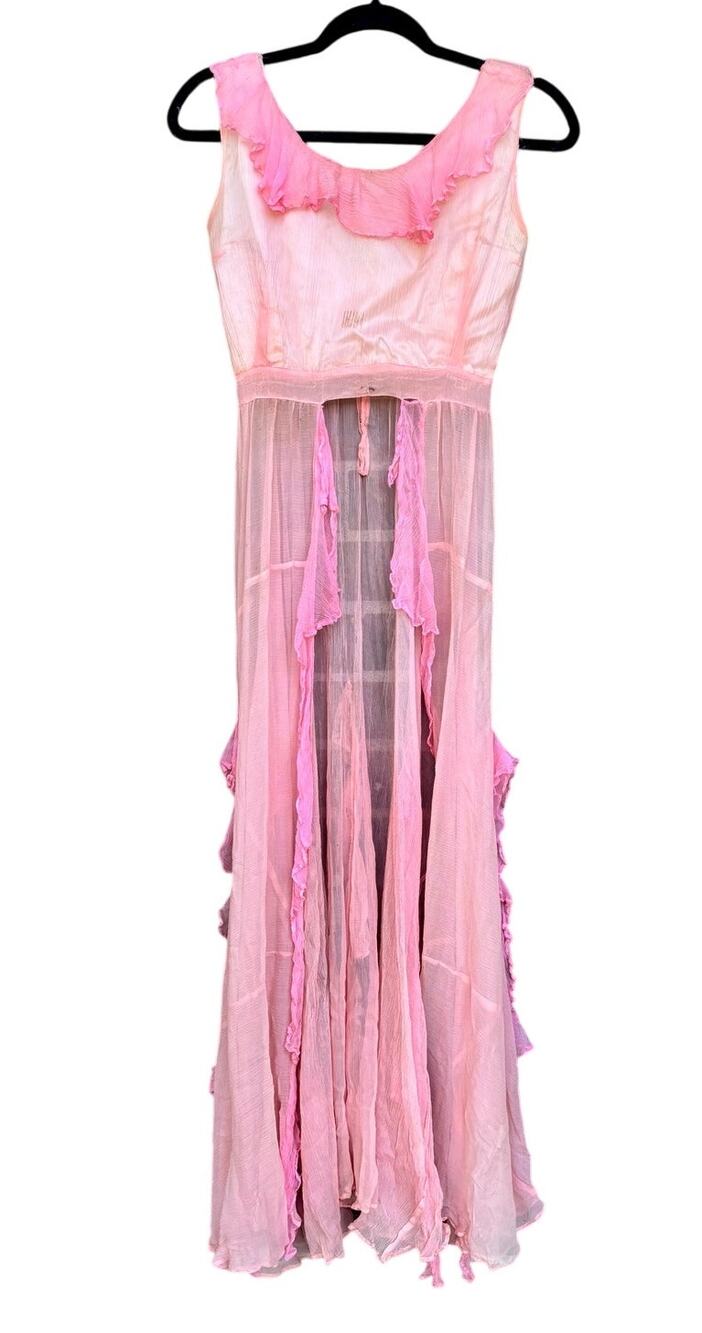 Antique 1920s Pink Silk Crepe Dress Topper Fuchsia Ruffle Flapper AS IS